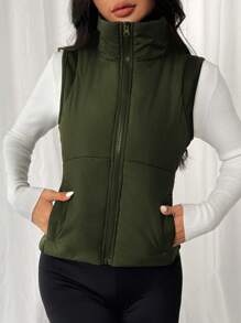 SHEIN EZwear Women Casual Solid Color Zip-Up Padded Vest In Fall/Winter - Army Green - View 4