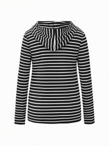 SHEIN Maternity 2pcs Women Fitted Striped Hooded Long Sleeve Tops, Nursing