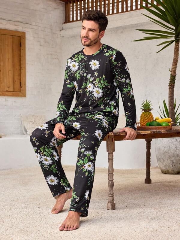 Manfinity ChillVibe 2pcs Men Floral Print Crew Neck Long Sleeve Top And Pants Pajama Set