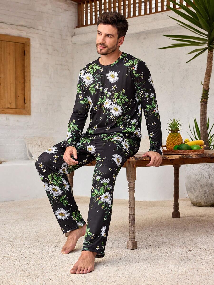 Manfinity ChillVibe 2pcs Men Floral Print Crew Neck Long Sleeve Top And Pants Pajama Set - Black - View 1