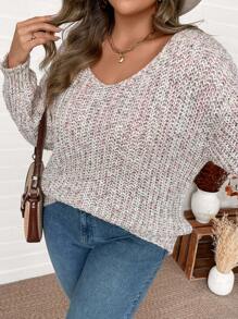 SHEIN VCAY 大码女式蝙蝠袖 V 领套头毛衣，带花卉欧根纱设计，秋冬款 - 彩色 - 查看 3