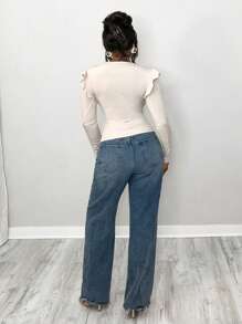 VaVaBold 1 件优雅纯色 3D 花朵装饰荷叶边下摆修身 T 恤，秋季性感长袖上衣圣诞 T 恤冬季上衣 - 卡其色 - 查看 2