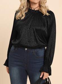 SHEIN LUNE Plus Size Women Elegant Leopard Print Ruffle Trim Round Neck Flare Sleeve Shirt, Autumn Holiday Outfit