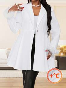SHEIN Lady Eleganter gewebter Wasserfallkragen Midi Mantel mit weitem Saum und langen Ärmeln für Herbst und Winter in Große Größen - Aprikosenfarben - Übersicht 3