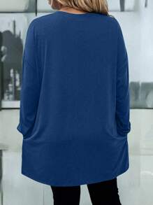 Camiseta casual de manga larga con cuello redondo y hombros caídos, de unicolor, para mujer de talla grande, otoño - Azul - Ver 2
