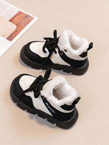 1 双冬季儿童毛绒保暖透气运动鞋，时尚皮革鞋面，儿童休闲跑步鞋 - 黑色 - 查看 3