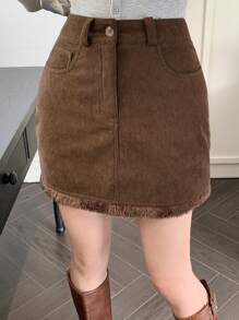 DAZY Corduroy Short Mini A-Line Skirt For Women,Fall Clothes Winter Women Skirts - Brown - View 4