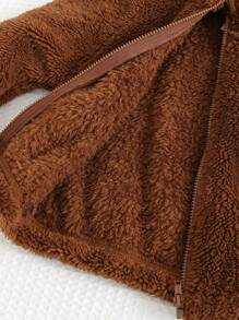 Cozy Pixies 2pcs Baby Boy Solid Thermal Lined Zipper Front Collared Jacket And Elastic Waist Fuzzy Pants Set, Casual Outfit Suitable For Autumn/Winter Indoor/Outdoor Wear