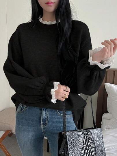 DAZY 女士拼色圆领长袖宽松针织毛衣，秋冬季休闲款
