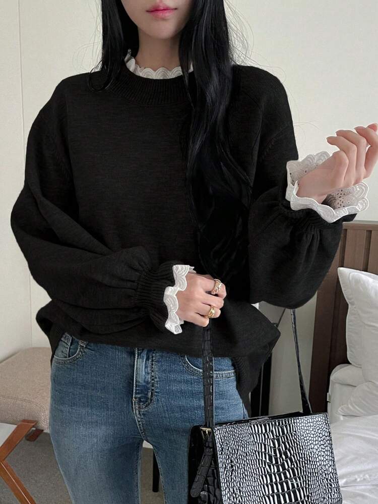 Women Colorblock Round Neck Long Sleeve Loose Knit Sweater, Casual For Autumn/Winter