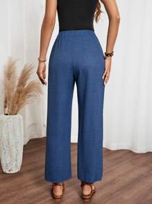 SHEIN LUNE Women's Casual Solid Color Denim Effect Linen Contrast Lace Trim Straight Pants Fall Cloth For Women