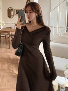 DAZY Women Long Wrap Dress, Solid Color, Spring/Fall Long Sleeve Dress - Coffee - View 4