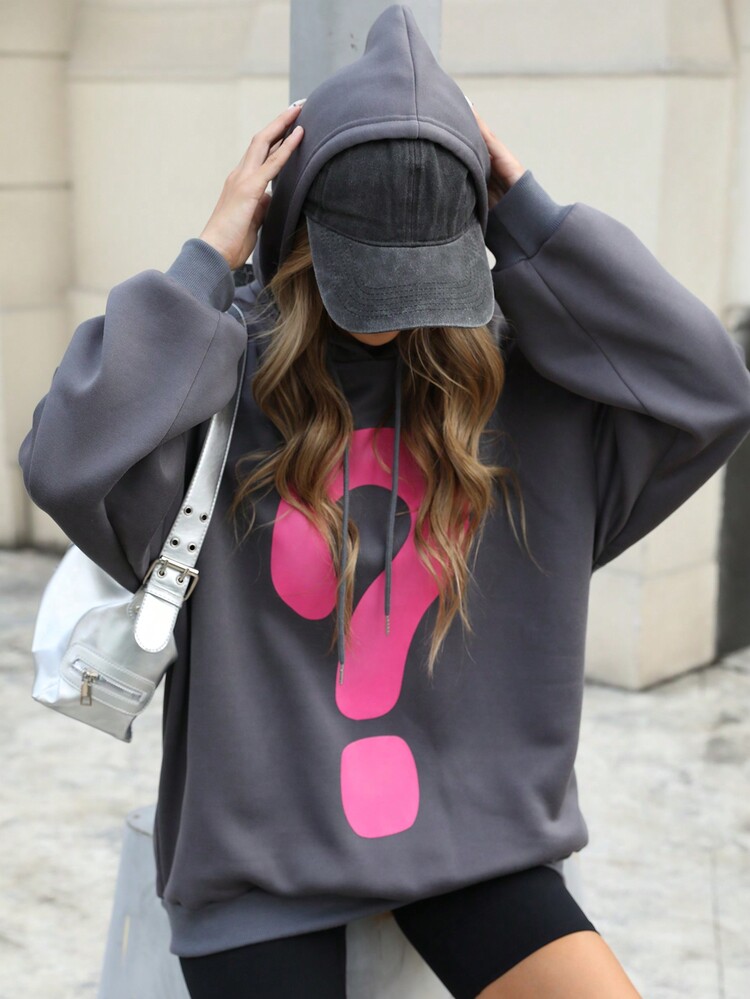 INAWLY 1 件女式图案印花连帽领休闲百搭长袖运动衫，秋季连帽衫 - 深灰色 - 查看 3