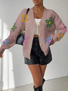 SHEIN LUNE Women Casual Floral Pattern Front Button Cardigan, Suitable For Autumn And Winter - Khaki - View 5