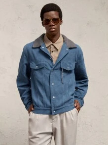 AKNOTIC Business Casual Áo khoác nam cổ raglan rộng rãi, cài nút kim loại phía trước, màu xanh lam, nhiều túi, thiết kế tách rời, phù hợp mặc hàng ngày vào mùa thu/đông, phụ kiện dây xích kim loại, phụ kiện kim loại chữ cái, viền nhung kẻ và lông cừu tương phản màu - Màu xanh lam - Xem 6