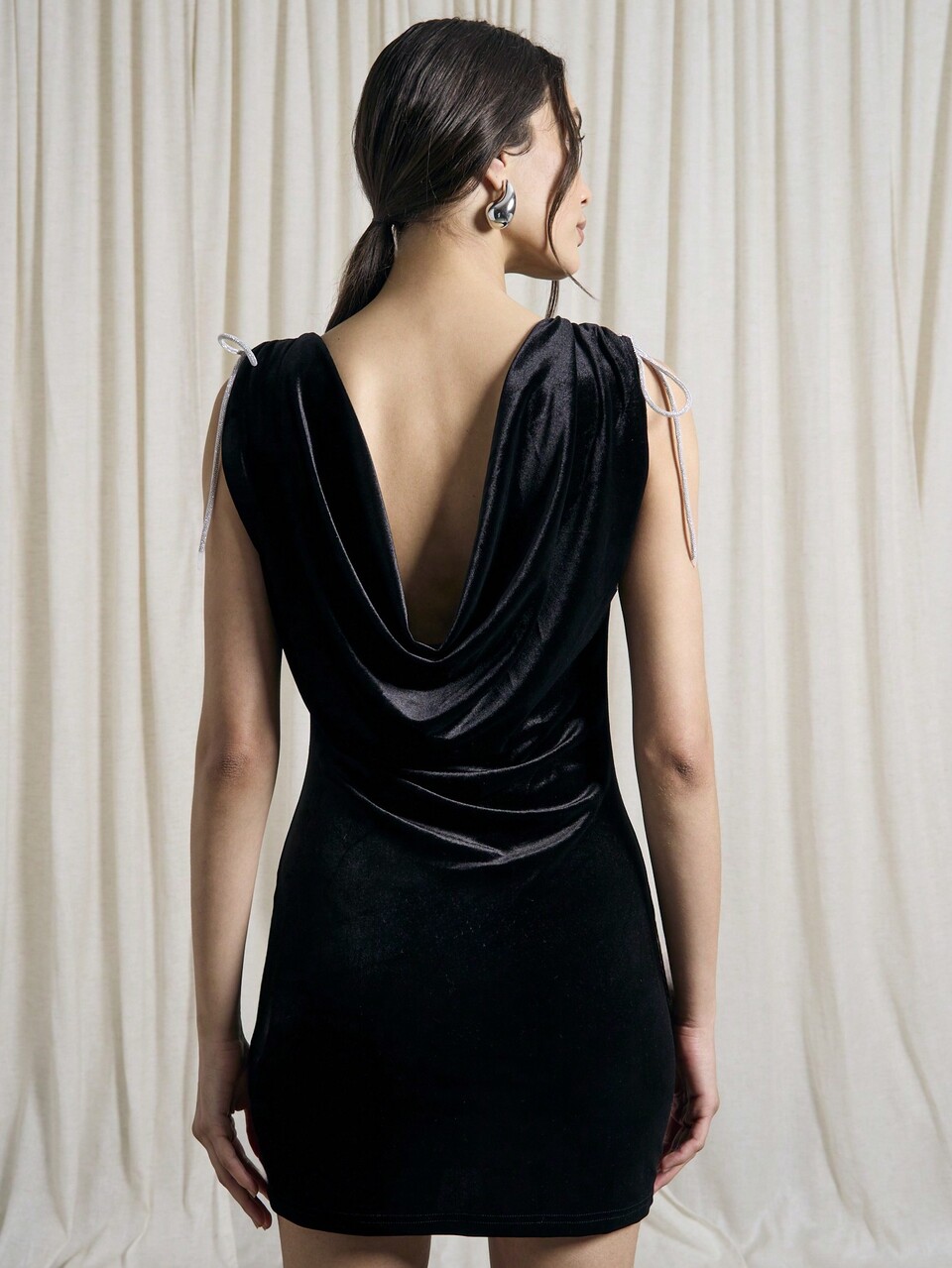 Velvet Boat Neck String Tie Shoulder Detail Bodycon Mini Dress
