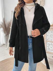 Flirla 大码女式纯色长袖双排扣连帽抽绳外套 - 黑色 - 查看 3