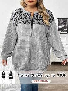 SHEIN CURVE+ 大码女式撞色豹纹半拉链半开襟卫衣，秋冬季/秋季女装/秋季上衣旅行机场装，秋冬T恤 - 灰色 - 查看 1