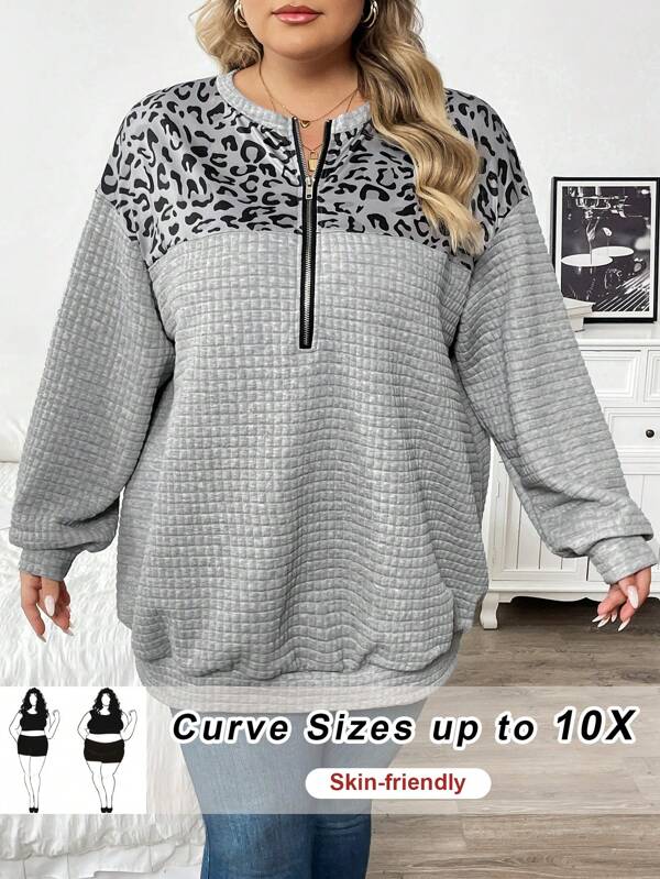 SHEIN CURVE+ Sudadera con capucha y media cartera con estampado de leopardo para mujer talla grande, atuendo de viaje para otoño e invierno, camiseta de otoño y invierno