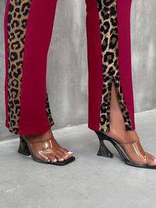 Maweii Áo thun tay dài họa tiết da báo cỡ lớn có khóa kéo và quần ống rộng xẻ tà 2 món Bộ thường ngày - Màu Đỏ Sâu - Xem 4