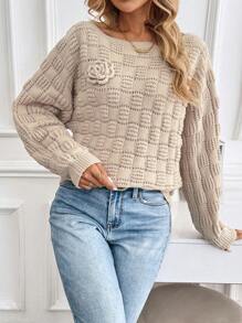 SHEIN LUNE Suéter de punto asimétrico de hombro de estilo cable de moda de otoño/invierno, manga de murciélago, suelto y casual de unicolor con flores 3D, adecuado para el ocio al aire libre en otoño - Caqui - Ver 6