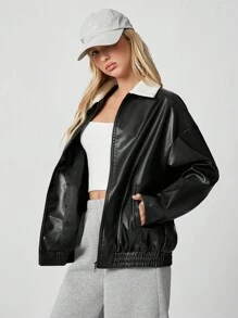 SHEIN EZwear Casual And Stylish Zippered Off-Shoulder PU Leather Jacket - Black - View 5