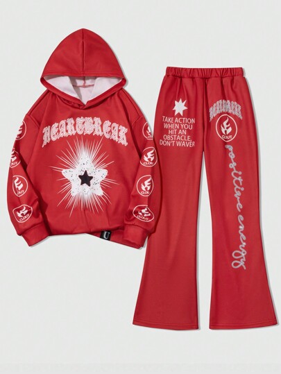 SHEIN Tween Boy Printed Hooded Sweatshirt & Sweatpants 2 Pcs Set, School, Campus, College