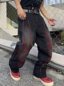 Manfinity EMRG 男士休闲街头潮流低腰刺绣图案宽松阔腿牛仔裤（不含腰带）图案深色牛仔裤长款宽松纯黑色洗水工装牛仔裤，适合丈夫、男朋友的礼物 - 黑色 - 查看 5