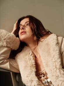 Anewsta Chaqueta con capucha gruesa y esponjosa con recorte esponjoso para mujer - Beis - Ver 8