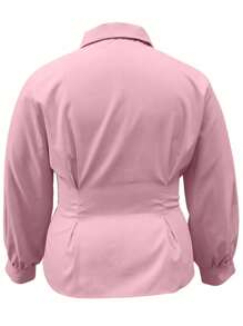 大码纯色前扣长袖休闲上衣，日常穿着 - 粉色 - 查看 4