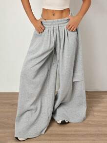 SHEIN Unity Women's Grey Low Waist Baggy Sweatpants. With Drawstring Tie Waist Side Pockets Pleated Design Side Pocket. Super Baggy And Oversized. Everyday Essentials. - Grey - View 3