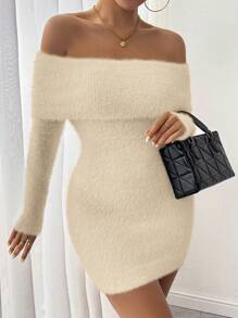 Chiquease 1 件休闲纯色露肩修身迷你毛衣连衣裙，秋冬 - 杏色 - 查看 4
