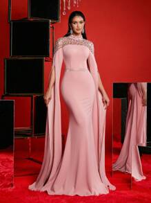 Glamrae 优雅奢华手工串珠面料拼接弹力针织长袖连衣裙，配有水晶胸罩和带拖尾的鱼尾下摆，适合婚礼、派对、毕业典礼、度假、非正式晚礼服、婚礼宾客礼服 - 粉色 - 查看 5