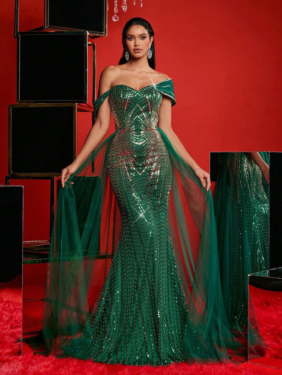 Glamrae Vestido elegante, hermoso y lujoso con un solo hombro, bordado con cuentas y lentejuelas, con diseño floral de malla y cola de pez, con dobladillo y cola extendidos, adecuado para eventos de boda, fiesta de soltero, baile de graduación, cena de Navidad (estilo de industria pesada), vestido de gala formal, para invitada de boda, graduación, Navidad - Verde - Ver 1