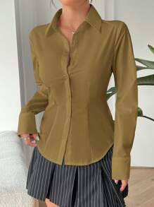 SHEIN EZwear 1pc Women's Solid Color Front Button Long Sleeve Shirt Collar Casual Blouse