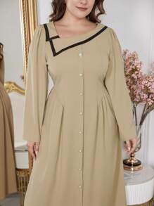 Mulvari 大码女式不对称领泡泡袖长款优雅连衣裙，优雅 A 字裙，适合日常休闲/旅游/工作 - 卡其色 - 查看 4