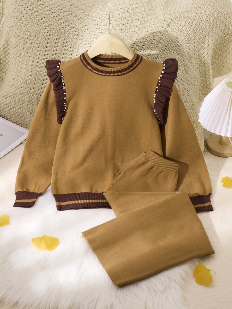 2pcs Tween Girl Knitted Set, Brown Round Neck Loose Knit Top & Long Pants - Brown - View 1