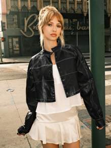 SHEIN EZwear 黑色 PU 对比色侧缝插肩袖短款夹克 - 黑色 - 查看 6