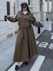 Flirla 1 bộ gồm áo khoác cargo kiểu Pháp và chân váy xòe cạp cao. - màu xanh lá - Xem 6