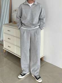DAZY Men 2pcs/Set Solid Color Full Zip Up Sweatshirt & Sweatpants Sports Suit, Autumn, Cozy Outfits Quarter Zip Men - Light Grey - View 4
