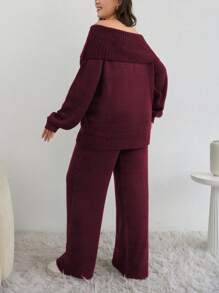 EURMUSE PLUS SIZE OFF SHOULDER SWEATER CO-ORDS - Burgundy - View 2