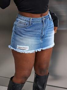 SHEIN Slayr Mid-Rise Solid Pockets With Raw Hem Bodycon Mini Denim Skirt - Dark Wash - View 5