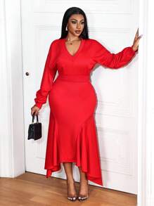 BamGleam Women's Elegant Red Party Two-Piece Set Winter Autumn V-Neck Crop Top + Asymmetrical Hem Ruffled Skirt Outfits Christmas Holiday Fashion Clothing - Red - View 1