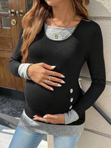 SHEIN Maternity Autumn Contrast Color Side Button Long Sleeve Casual T-Shirt