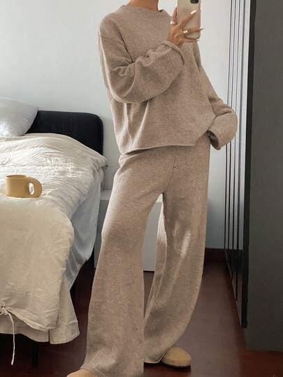 DAZY Conjunto de 2 piezas de suéter holgado de caída de hombros de unicolor casual y pantalones anchos largos para mujer en otoño e invierno