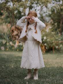 SHEIN Young Girl 3D Floral Decor Frill Trim Vest, Long Sleeve Top And Skirt Cute 2pcs Set, Spring Autumn - Multicolor - View 3