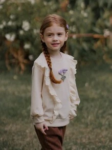 SHEIN 年轻女孩春秋季花卉贴花荷叶边圆领长袖可爱运动衫 - 墨綠色 - 查看 1