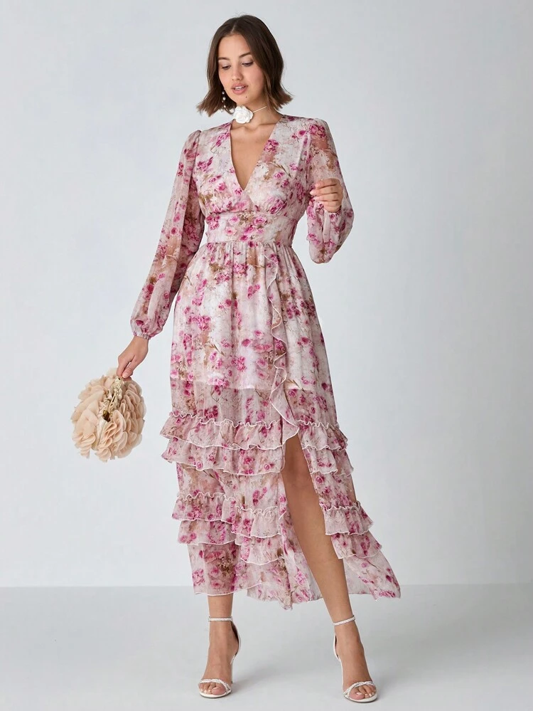 Vestido Casual Feminino de Manga Longa com Decote em V, Plissado e Estampado Floral Completo