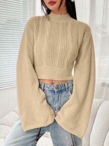 SHEIN EZwear Black Mock Neck Trumpet Sleeve Crop Sweater - Apricot - View 6