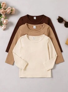 Elladie kids 年轻女孩春秋新款休闲舒适时尚宽松圆领纯色简约长袖 T 恤，适合旅行和活力，秋季上衣 - 卡其色 - 查看 8